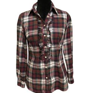 Tommy Hilfiger Women's Plaid Ruffled Cotton Button Down Shirt Size Small Petite